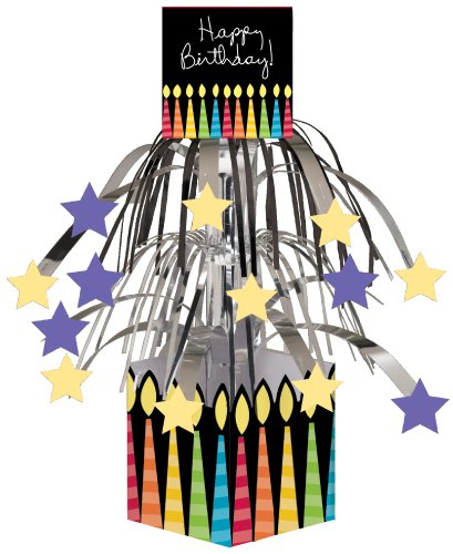 Happy Birthday Mini Cascade Centerpiece, 8.5 inches tall, metallic foil design adds sparkle to birthday celebrations.