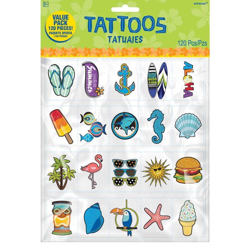 Colorful pack of 120 unique summer-themed temporary tattoos, perfect for parties, festivals, and creative expression.