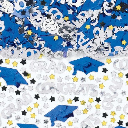 Bright royal blue embossed confetti for graduation celebrations, perfect for tables, invitations, or celebratory tosses.