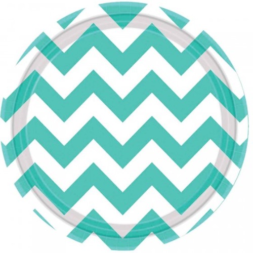 Set of 8 round plates in Robin's-Egg Blue featuring a chic chevron pattern, ideal for stylish dining on any occasion.