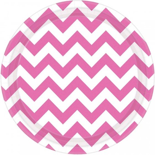 Chevron 23cm round plates in new pink, pack of 8, featuring modern chevron pattern for stylish dining occasions.