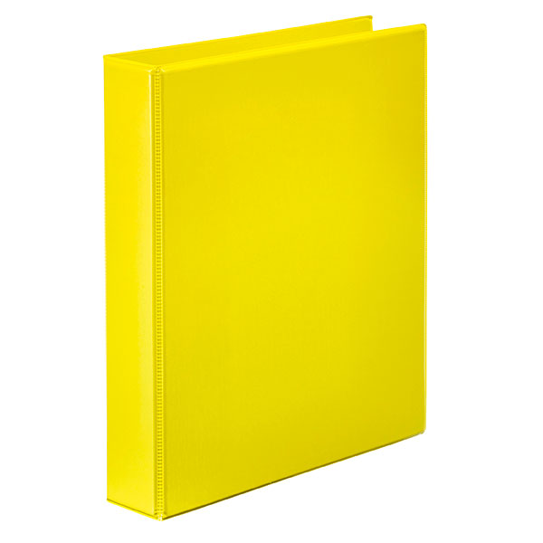 Vibrant yellow A4 binder with 2 rings, clear overlay for customization, and eco-friendly design for document organization.