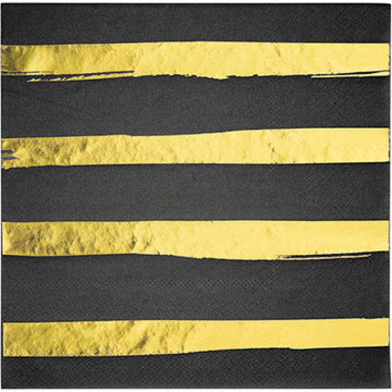 Touch Of Colour Black Velvet & Gold Foil Striped Lunch Napkins  (Pack of 16)
