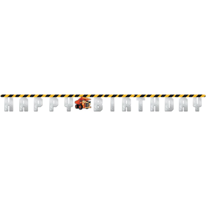 Colorful "Happy Birthday" banner featuring construction themes with vehicles and hard hats, perfect for kids' parties.
