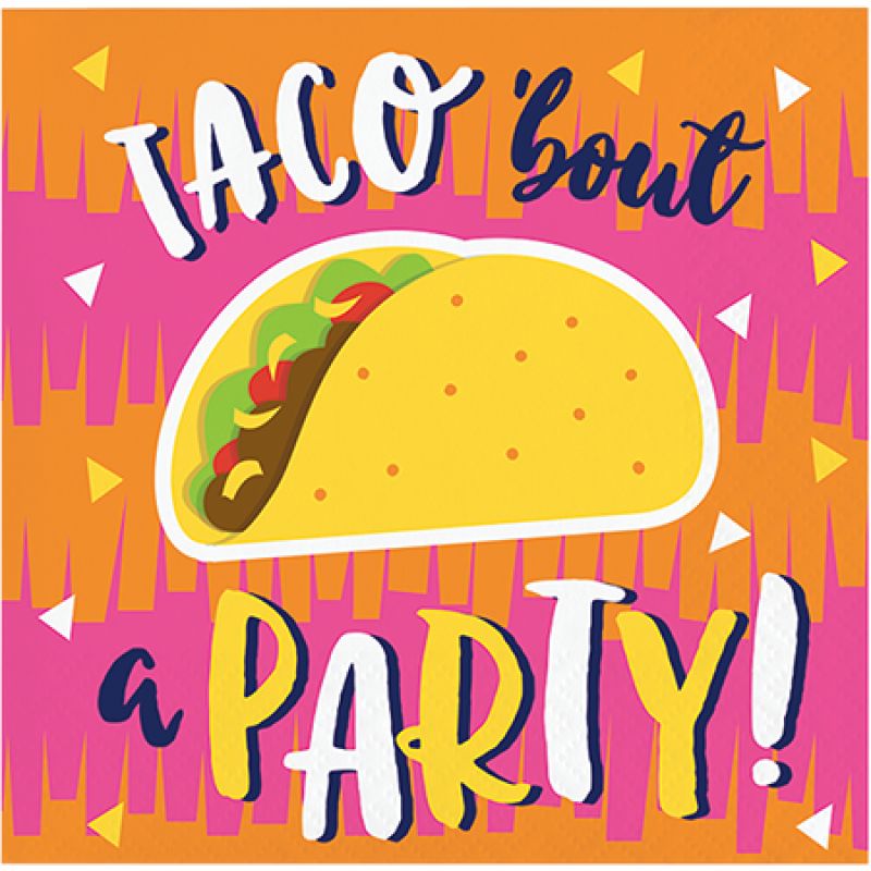 Colorful beverage napkins declaring 'Taco Bout A Party,' perfect for taco-themed celebrations and mess-free enjoyment.