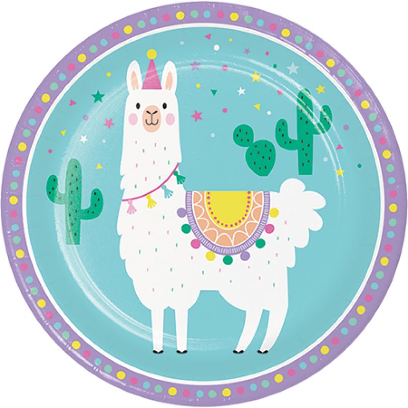 Whimsical llama design paper dinner plates, 22cm, pack of 8 for festive celebrations and easy cleanup.