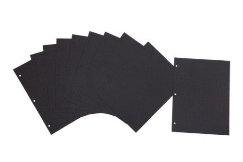 Black drymount photo album refills; 10 sheets, 210x280mm, acid-free, pre-punched for easy insertion and memory preservation.