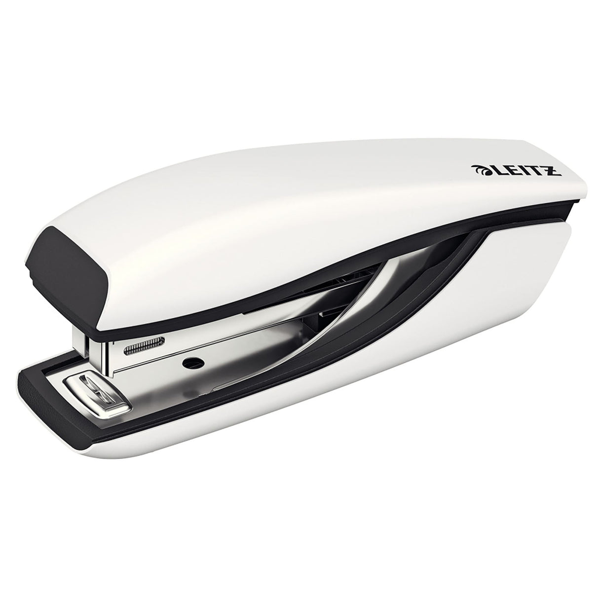 Stylish white metal stapler with Direct Impact Technology, staples up to 30 sheets, includes integrated remover and BX1000 staples.