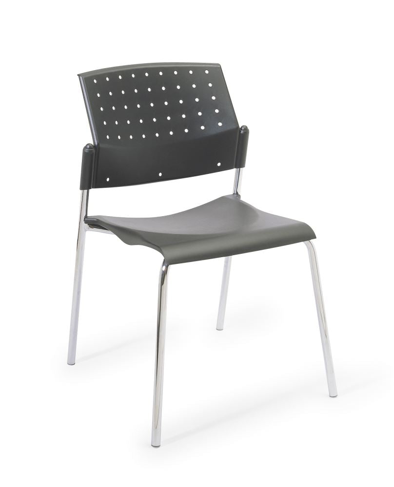 Contemporary black side chair with chrome frame, ergonomic design, stackable, and durable; ideal for various settings.
