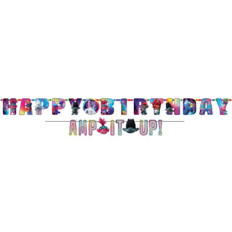 Vibrant Trolls World Tour banner kit for customizable birthday celebrations, featuring age pieces and double-sided tape.