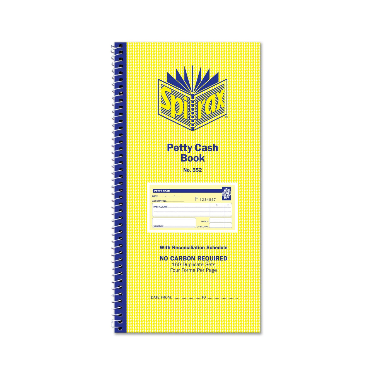 Spirax 552 Petty Cash Book with 160 duplicate sets, durable NCR paper, and spiral binding for easy cash management.
