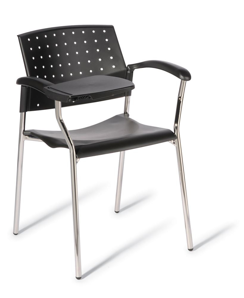 Sturdy black chair with right arm writing tablet, offering lumbar support and stackable design for meetings and classrooms.