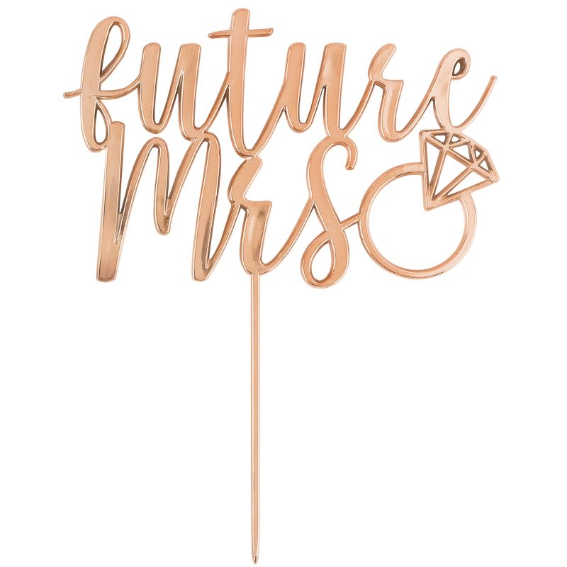 Blush rose gold "Future Mrs" cake topper, elegant addition for weddings, bridal showers, and engagement parties.