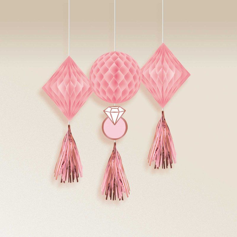 Blush honeycomb hanging decorations in pack of 3, featuring elegant tones for wedding decor and easy assembly.