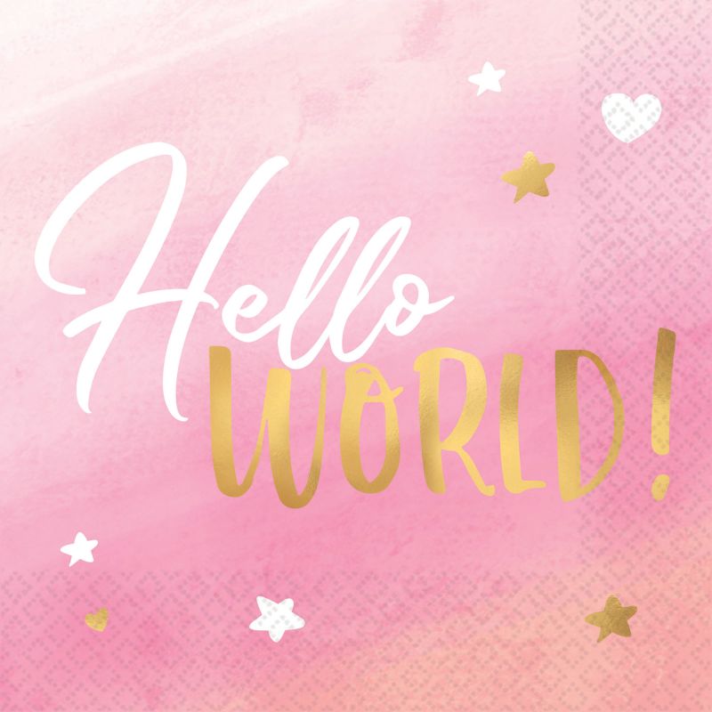 Pack of 16 vibrant "Hello World" hot stamped napkins, perfect for baby showers and birthday parties.