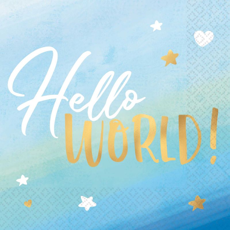Oh Baby Boy Lunch Napkins featuring 'Hello World' hot stamped design, ideal for baby showers and celebrations (16 pack).