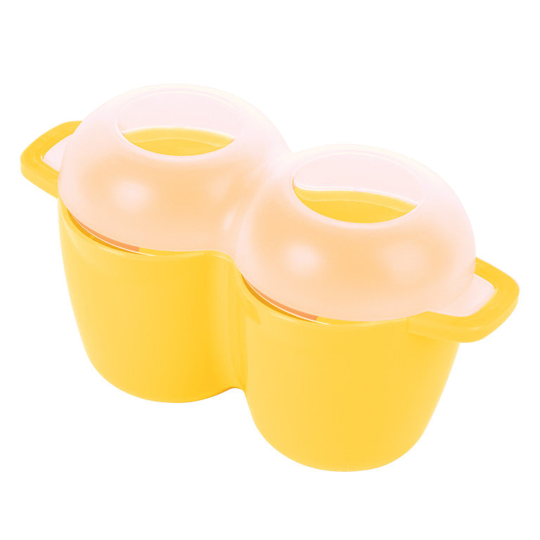 Microwave egg cooker for poaching two eggs, featuring cool-touch handles, clear lid, and double pouring spouts.
