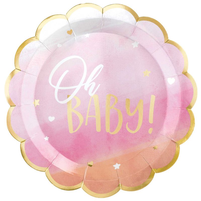 Metallic 10.5" shaped banquet plates in pack of 8, perfect for baby showers and festive gatherings.