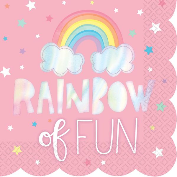 Colorful scalloped lunch napkins with foil detailing for vibrant birthday celebrations, perfect for kids' parties. Pack of 16.