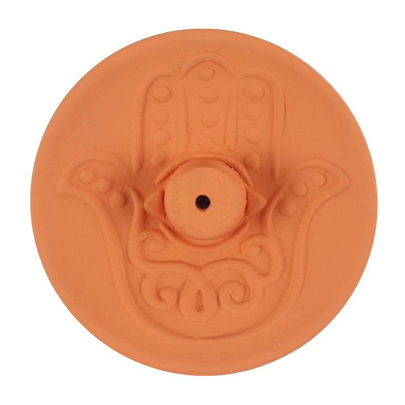 Hamsa Terracotta Incense Plate featuring intricate Hamsa design, perfect for adding peace and decor to your spiritual space.