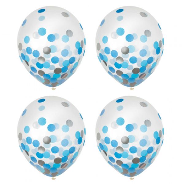 Pack of 6 blue and silver confetti latex balloons, 30cm, perfect for adding color to any celebration.