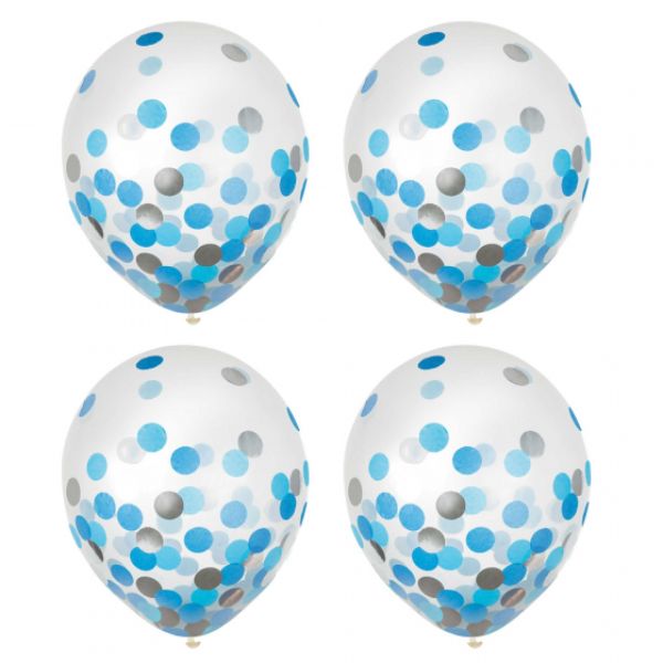 Latex Balloons 30cm & Confetti Blue & Silver (Pack of 6)