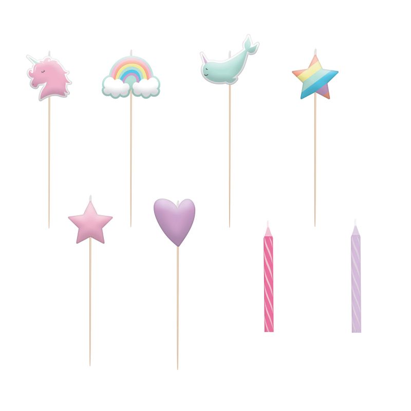 Vibrant Magical Rainbow Birthday Candle Set with spiral and pick candles, perfect for festive birthday celebrations.