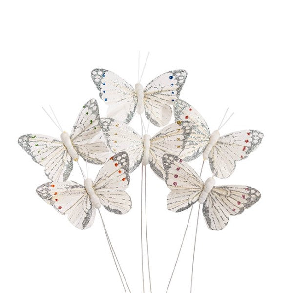 Elegant 10cm white pick butterflies, pack of 12, perfect for crafts, decorations, and floral arrangements.