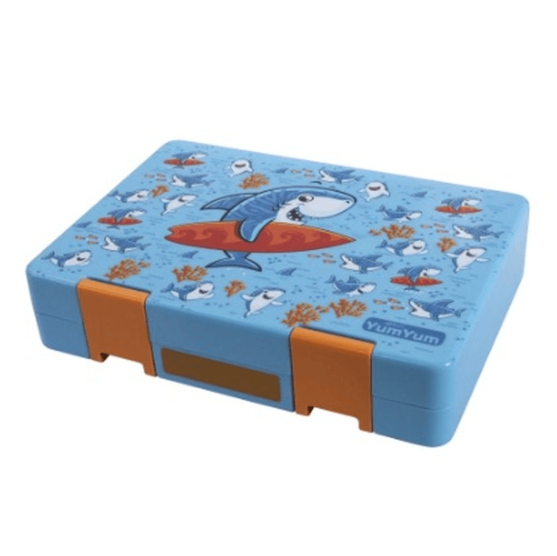 Vibrant bento box featuring a Surfing Sharkie design, designed for balanced meals and leakproof compartments.