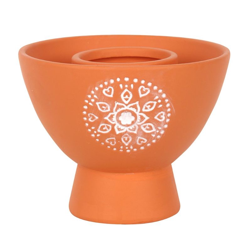 Large terracotta smudge bowl with intricate Mandala design, perfect for burning herbs and enhancing spiritual rituals.