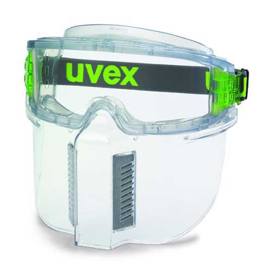 Uvex Ultravision safety glasses with anti-fog lens and fixed face guard, designed for comfort and protection over prescription eyewear.