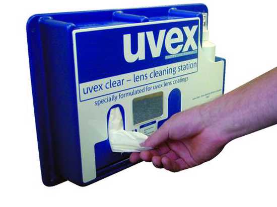 uvex Complete Lens Cleaning Station for safe, effective cleaning of uvex lenses, featuring wall-mount design for easy access.