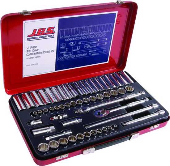 JBS 55-piece socket set in steel case, features metric and AF sockets, deep sockets, and versatile accessories for efficient repairs.