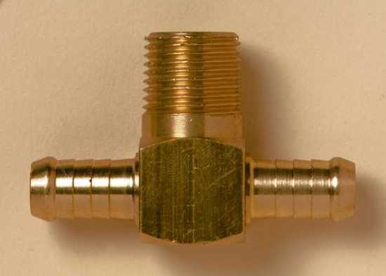 Tee male branch connector with 10mm hosetail and 1/4" male BSPT fitting for secure plumbing connections.