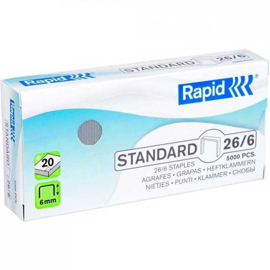 Box of 5000 Rapid Standard Staples - 26/6mm, designed for smooth stapling of up to 20 sheets with durable hard quality wire.