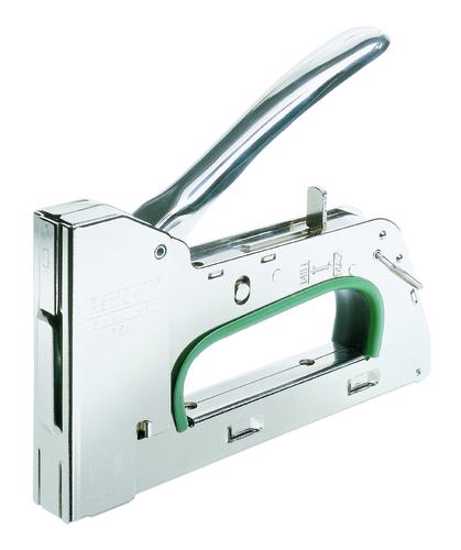 High-performance Rapid Tools R34E Tacker Steel staple gun with adjustable force and noise damper for precise stapling in various materials.