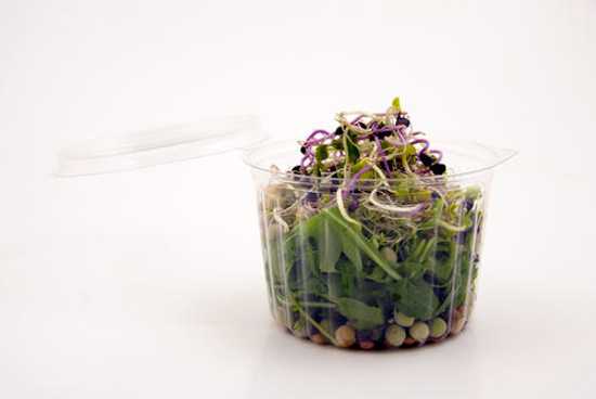 Clear round clam flat lids for 460ml food items, made from strong PET for freshness and visibility, 50 per pack.