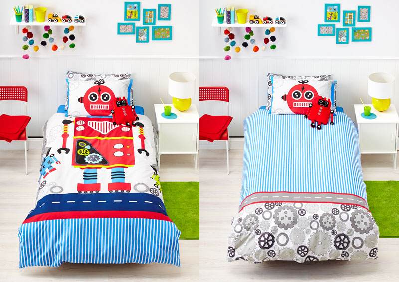 Robot Kids Duvet Set featuring vibrant Robot Bob design, includes double duvet cover and 2 pillowcases for playful bedrooms.