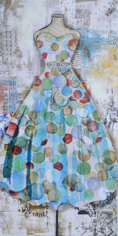 Stunning canvas painting of a blue spotty dress, 60 x 120 cm, lightweight and ready to hang.