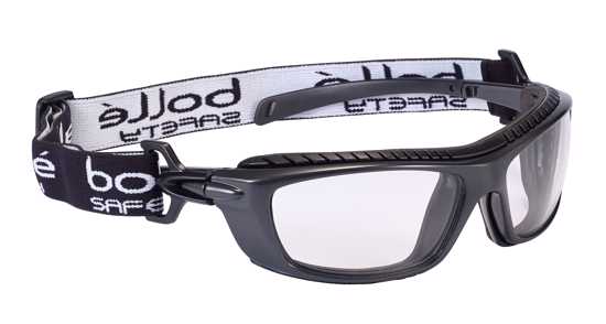 Bolle Baxter Safety Goggles with clear lens, featuring a wrap-around frame, foam lining, and UV protection for optimal safety.