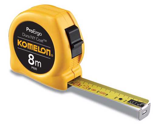 Komelon Pocket Tape Measure in durable ABS case with yellow nylon-coated steel blade, 8m length, ergonomic design, and speed lock.