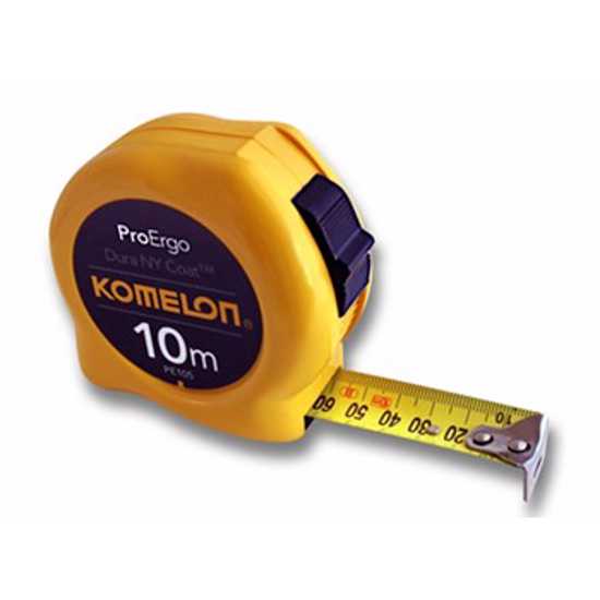 Komelon Tape Measure Proerg 10m x 25mm with durable nylon-coated blade, ergonomic grip, and accurate Class II measurements.