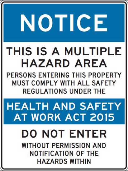 Notice sign indicating multiple hazards, requiring compliance; made of ACM material, dimensions W225 x H300mm.