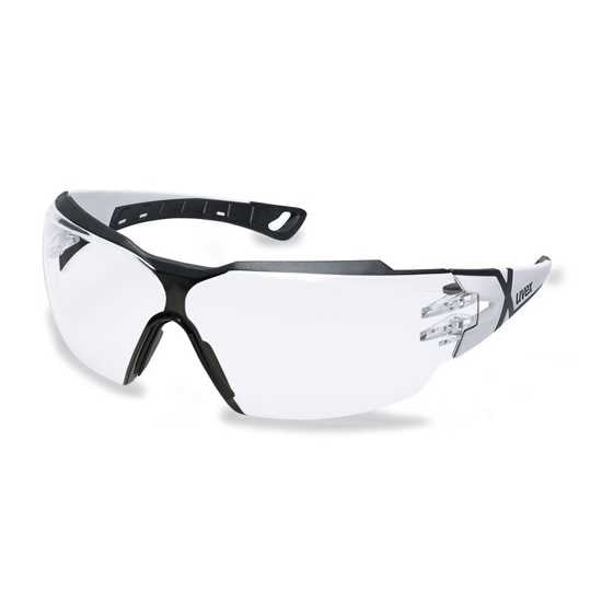 Clear uvex pheos cx2 safety glasses with wraparound style, anti-fog coating, and soft grip arms for comfort and durability.