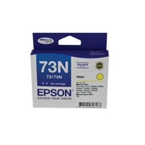 Original yellow Epson DURABrite 73N ink cartridge for vibrant prints, featuring smudge and fade resistance for high-quality output.