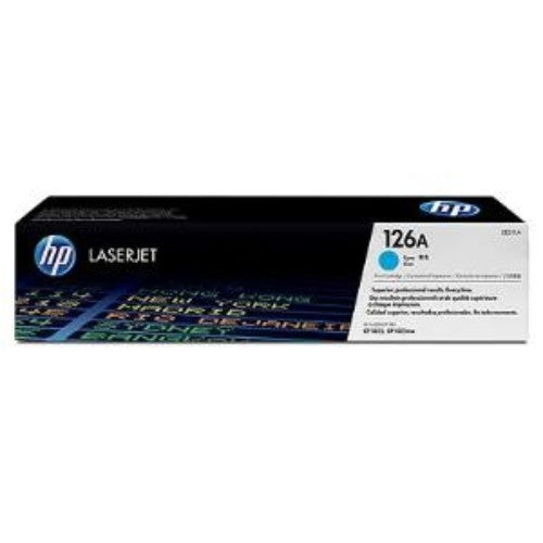 Cyan HP 126A toner cartridge for LaserJet, yields 1,000 pages, ideal for vibrant prints and easy replacement.
