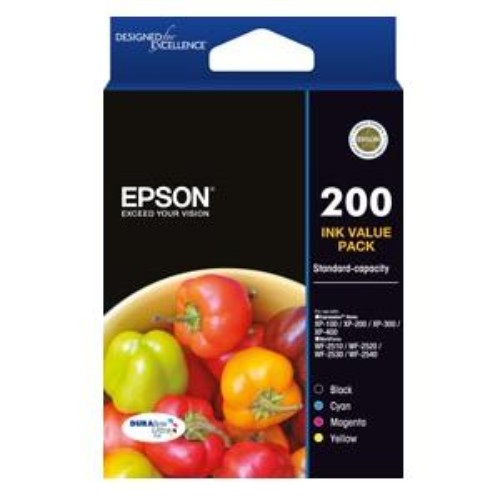 Four-pack of Epson DURABrite Ultra ink cartridges in cyan, magenta, yellow, and black for vibrant, high-quality prints.