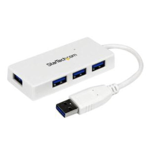 Portable 4-port USB 3.0 hub in white, transforming one USB port into four with 5 Gbps transfer speeds and built-in cable.