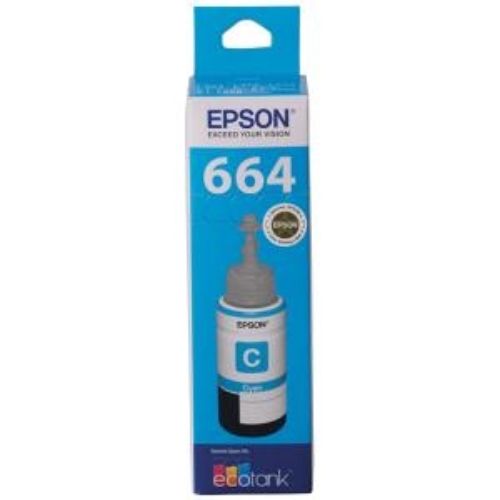 Epson T664 EcoTank Cyan Ink Bottle, ideal for vibrant prints with 6,500 pages yield, compatible with WorkForce printers.