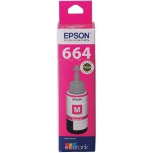 Epson T664 EcoTank Magenta Ink Bottle for vibrant, high-yield inkjet printing; compatible with select Epson printers.